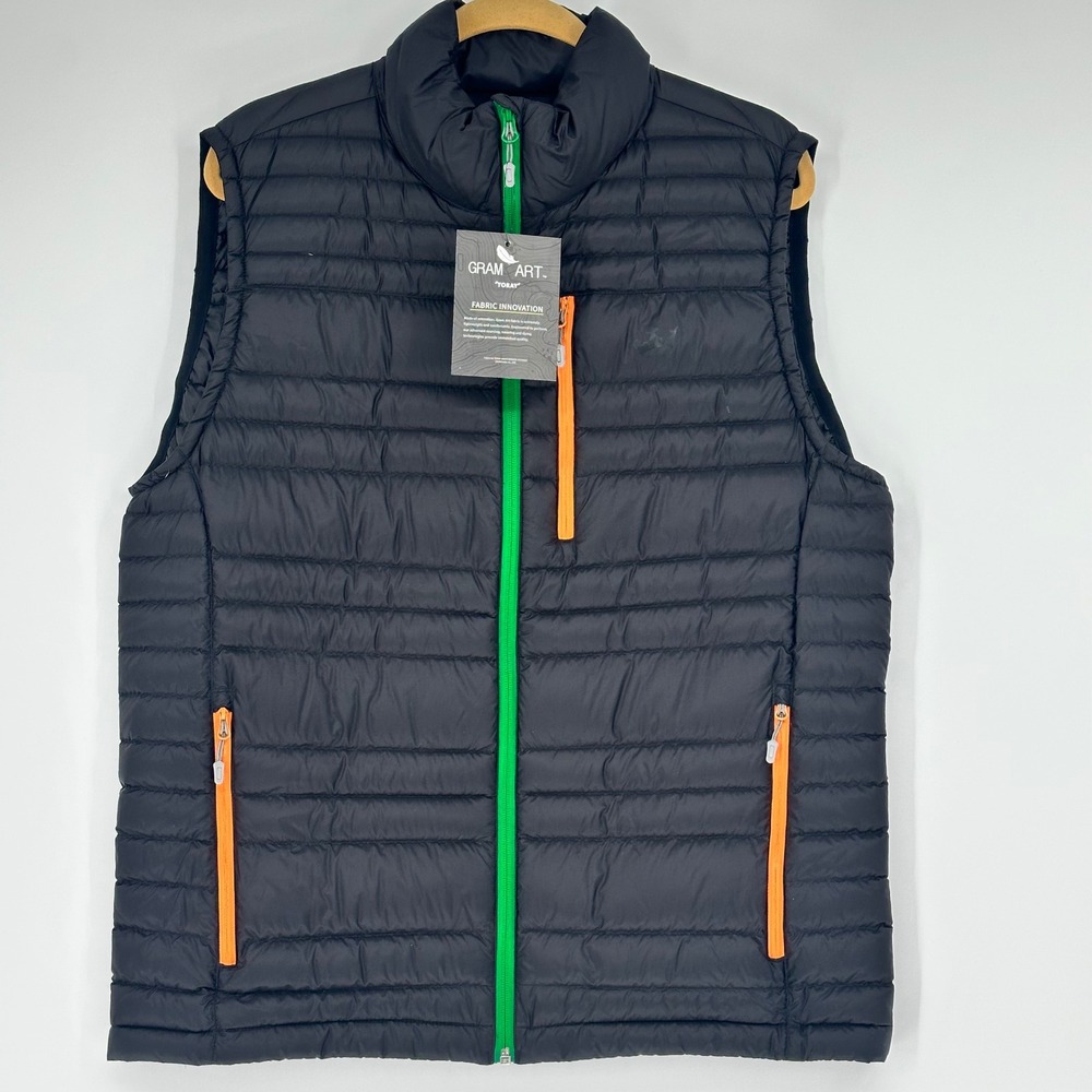 NWT Hexa Custom Mens Toray Gram Art Down Puffer Vest Black Green Orange Zip‎ L